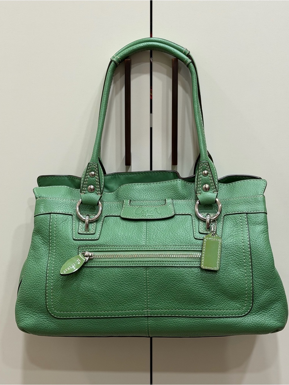 Coach Green Pebbled Leather Shoulder Bag with Silver Hardware